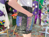 Black Faux Leather Paper Bag Shorts with Sequin Detail
