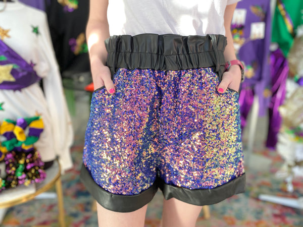 Black Faux Leather Paper Bag Shorts with Sequin Detail