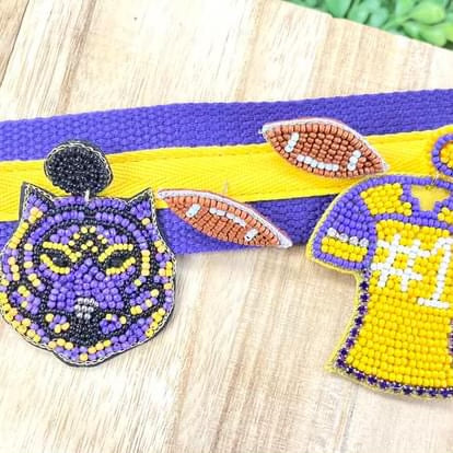 Purple and gold beaded jersey earrings