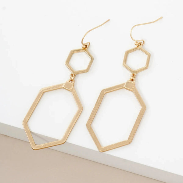 Brushed Double Hexagon Drop Earrings