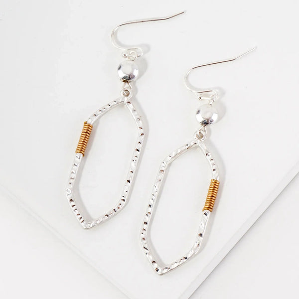 Wire-Wrapped Hammered Hexagon Drop Earrings