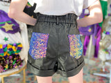 Black Faux Leather Paper Bag Shorts with Sequin Detail