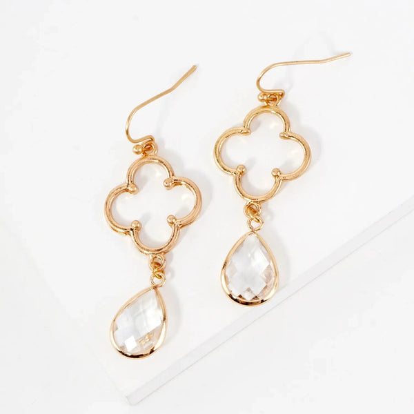 Teardrop Stone Quatrefoil Dangle Earrings