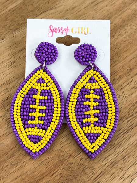 Purple And Yellow Beaded Football Earrings