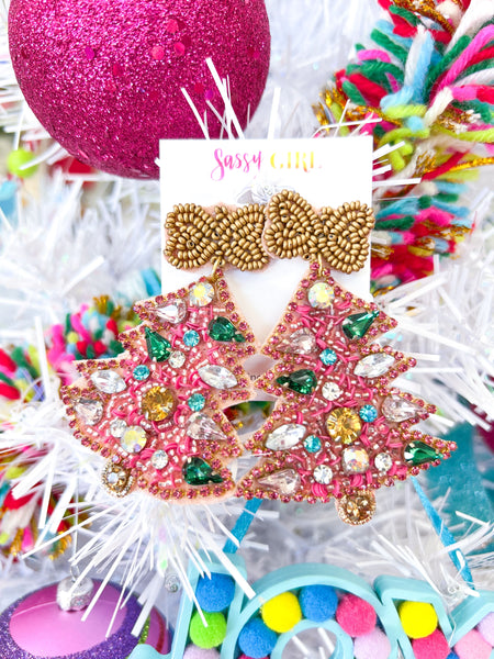 Pink Christmas Tree Earrings