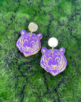 Purple & Gold Tiger Face Earrings