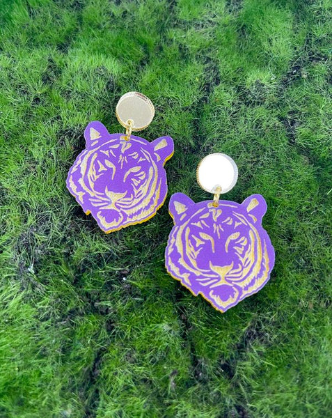 Purple & Gold Tiger Face Earrings