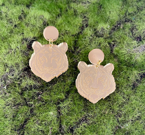 Gold Tiger Face Earrings
