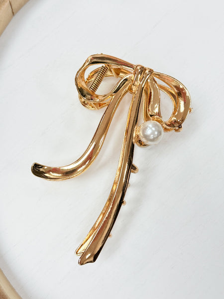 Gold Bow Pearl Hair Claw Clip
