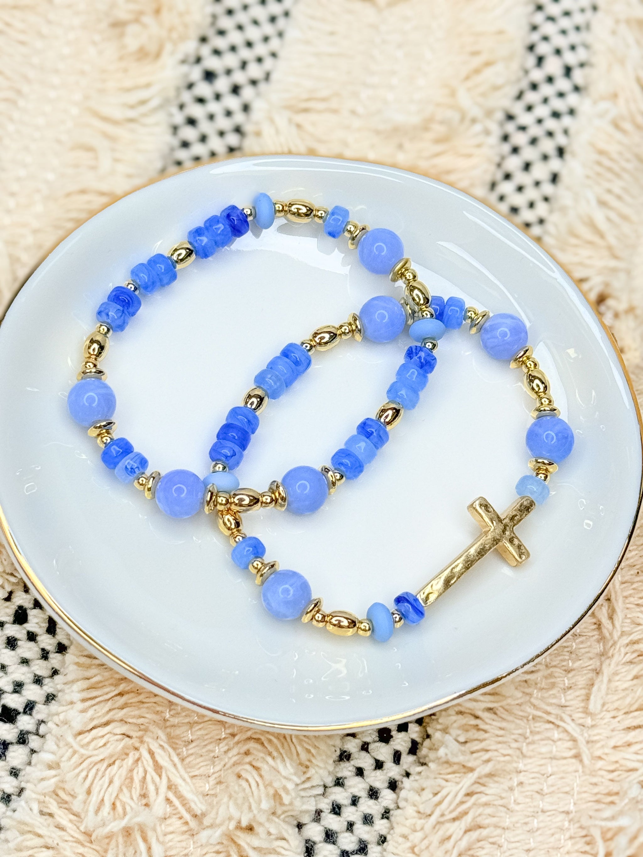 Cross Charm Blue Beaded Bracelet Set – Sassy Girl Boutique